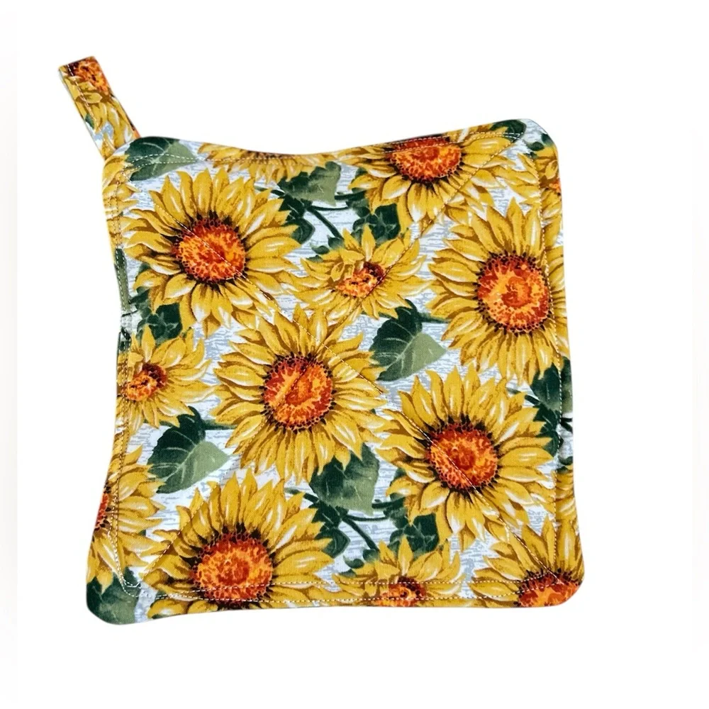 Hand Crafted Colorful Floral Sunflowers Two Fabric Potholders Hot Mat Trivet